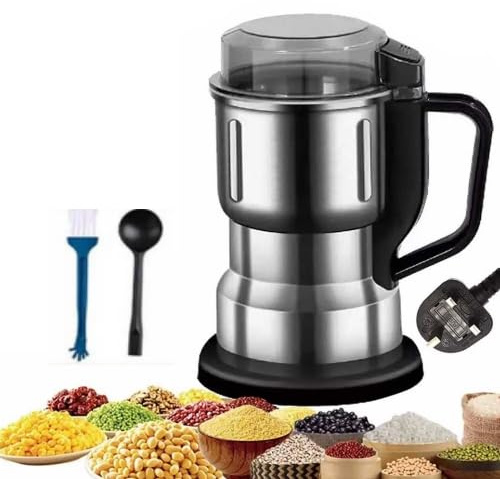 Electric Coffee Bean Grinder for Kitchen - Portable 300W Stainless Steel Coffee Bean Spice Nut Seed Dry Herbs Grain Dry Grinder with Brush Spoon UK Plug (Silver Black)