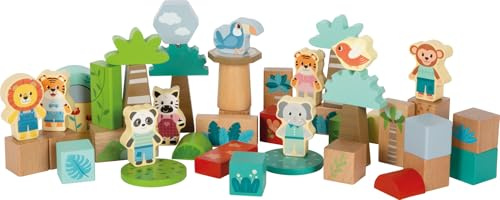 Small Foot Blocchi da Costruzione in Legno Jungle Friends,FSC® 100% Certificato, 50 Pezzi, Legno al Naturale e colorato, da 1 Anno, 12768