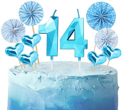Geburtstagskerzen Zahlen 14 Blau,3D Kerzen Geburtstag für Torten und Kuchendeko,Geburtstag Kerzen Zahlen Kinder,14 Geburtstags Deko Junge für Geburtstagsfeier,Hochzeiten,Jubiläen