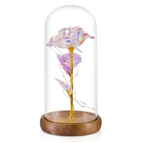 Juertown Galaxy Artificial Rose in Glass Dome - Premium Acacia Wood Base, Enchanted Eternal Flower for Home Decor, Unique Birthday Gifts for Women, Wife, Her