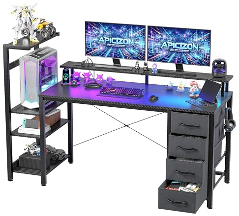APICIZON Gaming Schreibtisch 150cm mit Bucherschrank - Umkehrbarer Computertisch mit RGB LED-Beleuchtung, 2 USB-Anschlüssen, Kopfhorerhalter & Becherhalter, Carbon-Optik Schwarz