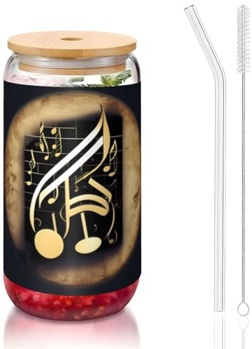 JIUTY Music 1 Printing Drinking Glasses with Lids and Glass Straw,1 Pc 16 Oz Glass Cups,Beer Ice Coffee Glasses