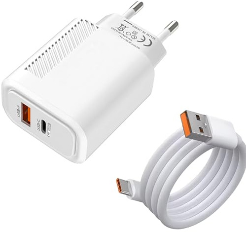 Cargador USB C y USB A y Cable de Carga Tipo C, USB a Tipo C, Adaptador de Corriente Typo A y C PD 3.0 PPS Compatible con Todos los móviles y trablets Tipo C o A Color Blanco 51CH019_y_18