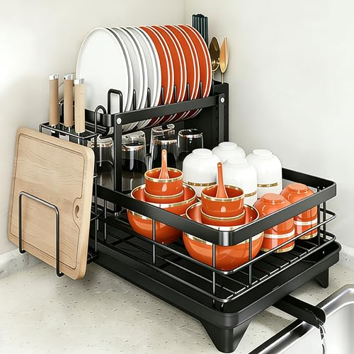 2-stufiges Abtropfgestell Geschirr mit Utensilienhalter für Küchentheke, Edelstahl-Küchenabtropfgestell mit Abtropfschale – Hohe Kapazität, platzsparend & praktisch mit drehbarem Auslauf（Schwarz）