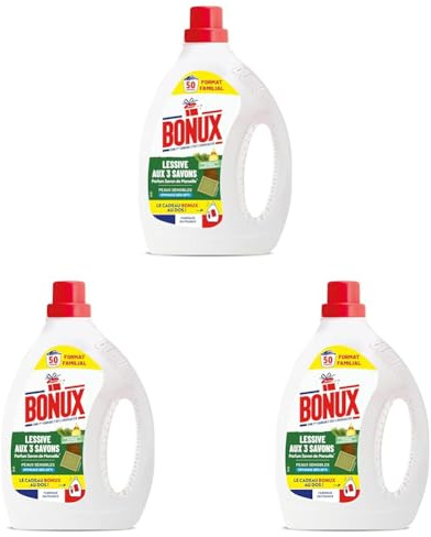 Bonux – Lessive Liquide Aux 3 Savons – Parfum Savon de Marseille - Nettoie en Profondeur – Pour Linge Blanc et Couleur – Adaptée Aux Peaux Sensibles – 50 Lavages 2,25L (Lot de 3)