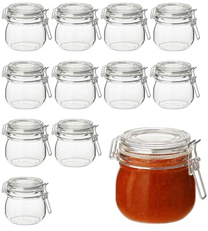 Paluplus 12 Barattoli in Vetro Tondi con Coperchio da 500 ml, Misura 12x11x10,5 cm, Vasetto vuoto con Chiusura a Clip Ermetica, vasi sottovetro per marmellate, Biscotti, Cereali, Bomboniere -225C -7,6