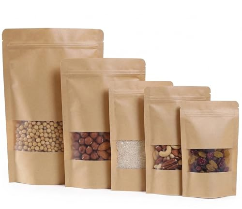 AURALIN Kraft Paper Window Bags 50 Pack 10×15 cm Brown Resealable Stand-Up