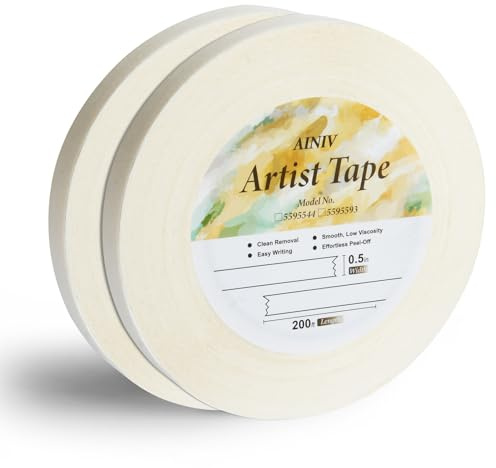Ainiv 2 Packs Artist Tape for Painting, Medium Tack Art Masking Tape, White Craft Masking Tape for Watercolor Painting Drafting Canvas Framing Paint Mask, 0.5inch Wide 200FT Long