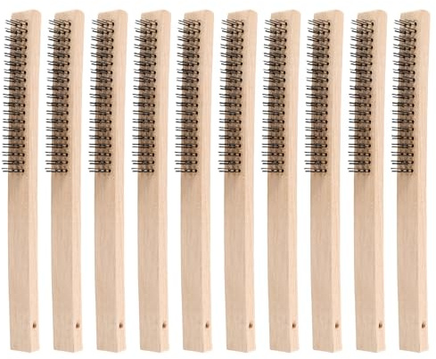 CHEUKYIU Lot de 10 brosses métalliques, 35,5 cm de long, manche en bois, poils en acier au carbone noir et couleur bois, pour enlever la rouille et nettoyer les surfaces