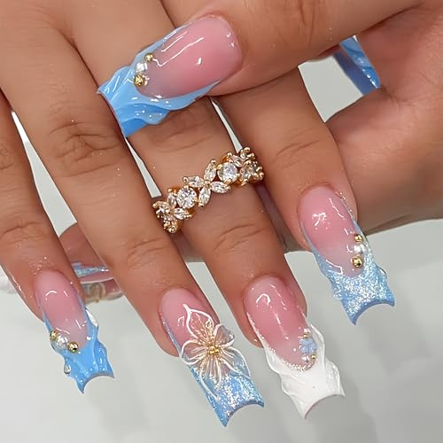 Dermalyx Press On Nails Lang Almond, Blau Gradient Nails mit Wellen & Gold 3D Blumen, Künstliche Fingernägel, Nägel zum Aufkleben, Fake Nägel Set, Sommer Nägel Design
