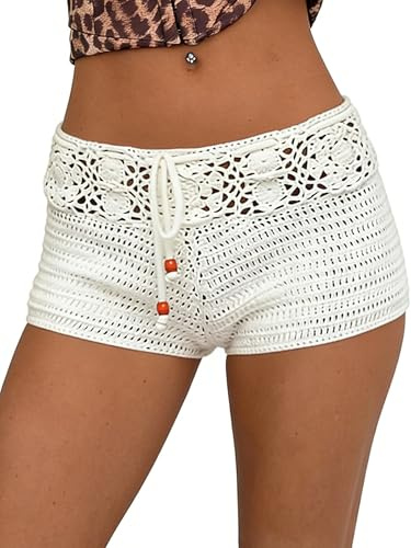 Women's Y2k Crochet Hollow Out Shorts Drawstring/Fold Over Waist Beachwear | Summer Cropped Knit Cover Up Cut Out Mini Shorts Going Out Bathing Boxer Fashion Swim Club Streetwear Lounge Pajam Bottoms