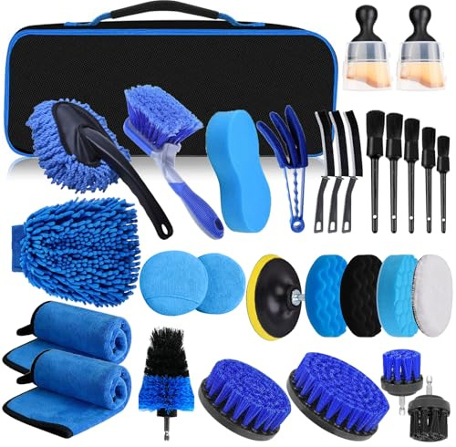 31 Pièces Kit Nettoyage Voiture avec Brosses, Éponges de Polissage et Plus | Brosse Nettoyage Voiture Kit pour L'intérieur et L'extérieur, Brosse Perceuse Nettoyage Sac de Transport Pratique