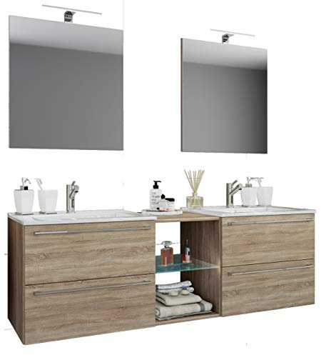 VCM 3-piece double washbasin 2 washbasin bathroom furniture set sink Badinos XXL 3-piece double washbasin 2 washbasin bathroom furniture set sink Badinos XXL Sonoma oak (rough sawn)