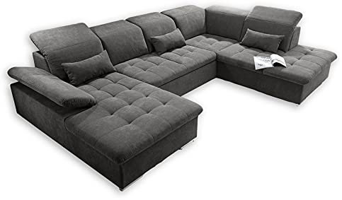 Stella Trading WAYNE Wohnlandschaft in U-Form, Stoffbezug Stone - Ausziehbares Sofa mit Schlaffunktion & Bettkasten - 340 x 81 (104) x 188 (240) cm (B/H/T)