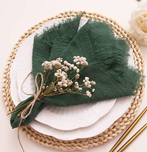 JINVASE Stoffservietten mit Fransen, Musselinservietten, 6-teiliges Set, 100 % weiche Baumwolle, waschbar, für Hochzeiten, Thanksgiving, Weihnachten, Dinnerpartys und Tischdekoration, Dunkelgrün