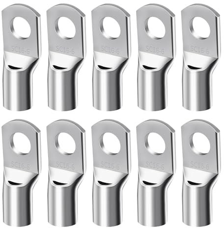 Pack of 10 cable lugs, tubular cable lugs, ring cable lugs, cable connectors, non-insulated cables, crimp cable lugs blanks, SC16-6 (silver)