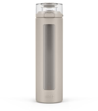 Ello Syndicate 20oz Reusable Glass Water Bottle with One-Touch Leak Proof Flip Lid, Protective Non-Slip Silicone Sleeve, Carry Loop for Coffee, Tea and Water, BPA-free, Dishwasher Safe, Sand