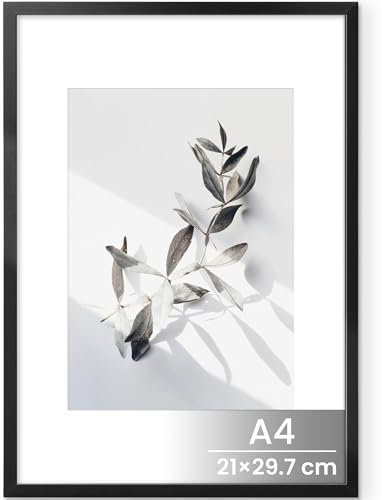 Bilderrahmen A4 Schwarz, Aluminium Metall Bilderrahmen din A4 Fotorahmen Mit gehärtetem Glas, Kinderzeichnungen A4 Rahmen Für 21x29,7 cm-Fotos ohne Passepartout oder 13,9x20 cm-Fotos mit Passepartout