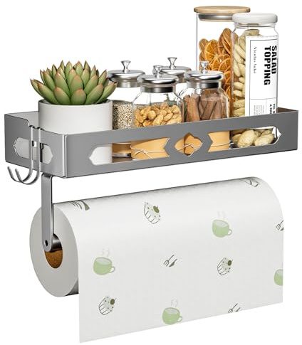 ZDDLOINP Spice Rack with Paper Towel Holder Roll and Hooks, Wall Mounted Spice Rack, Metal Seasoning Organizer Shelves for Kitchen Silver