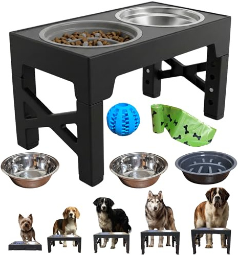 BASAMA ® Comedero Perro Elevado 5 Alturas, con 2 Platos de Acero y 1 comedero antivoracidad Perro + 1 Pelota Perros interactiva + 1 Rollo de Bolsas para excrementos| Apto para Todas Las Razas, Edades