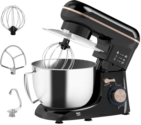 HOMCOM Impastatrice Planetaria da 4.5L a 6 Velocità con Frusta e Gancio, Mixer Cucina in Acciaio Inox, Plastica e Alluminio, 35x22x29 cm, Nero e Argento