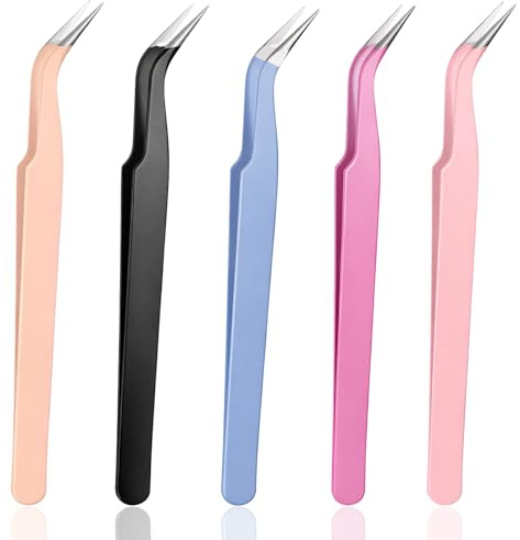 HJZHII Juego de 5 pinzas, pinzas de pestañas de acero inoxidable | Pinzas de punta curva, pinzas para pestañas, pinzas de manualidades, pinzas de precisión para diseño de uñas pestañas