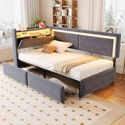 NNJN Sofá cama tapizado de 90 x 200 cm con iluminación LED y puertos de carga USB, cabecero se puede abrir para guardarlo con cajón de almacenamiento, tela de terciopelo (gris oscuro con cajones)