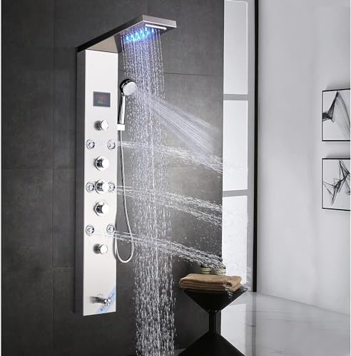 LED Colonne de douche hydromassage panneau de douche avec 5 fonctions en acier inoxydable 304, mélangeur de massage, pomme de douche fixe, douche et bouche baignoire pour salle de bain