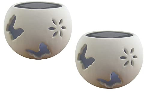 2 x LED-Solar-Windlicht Schmetterling/Blume Keramik weiß Tisch, Balkon, Terrasse