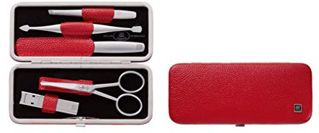 ZWILLING TWINOX Maniküre Pediküre Set 5-teilig, Premium Edelstahl Nagelset für Hände und Füße, Leder mit Metallrahmen, Rot