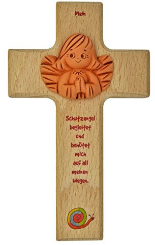Holzkreuz Kinderkreuz Schutzengel - Wandkreuz aus Holz mit niedlichem Ton-Engel, Natur, 15x9cm