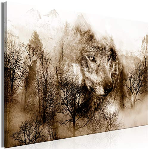 decomonkey Bilder Wolf Wald Berge 90x60 cm 1 Teilig Leinwandbilder Bild auf Leinwand Wandbild Kunstdruck Wanddeko Wand Wohnzimmer Wanddekoration Deko Tiere Landschaft Wolken sepia braun