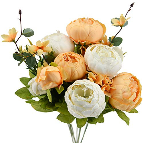 FiveSeasonStuff Ramo de peonías y hortensias artificiales de albaricoque y marfil, arreglo floral de seda con vegetación para interiores del hogar y estilo de exhibición