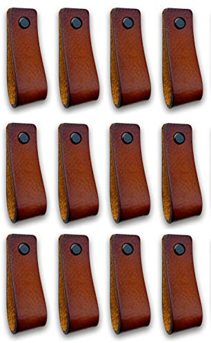 Brute Strength – Ledergriffe für Möbel – 16,5 x 2,5 cm – Cognac – 12 Stück | Handgefertigte Möbelgriffe und Lederschlaufen aus Vollnarbenleder; für Schranktüren und Schubladen, Schrauben inklusive