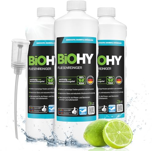 BiOHY Fliesenreiniger (3x1l Flasche) + Dosierer | speziell entwickelt für Stein- & Fliesenböden | hinterlässt eine schmutzabweisende Glanzschicht | entfernt jegliche Art von Schmutz mühelos
