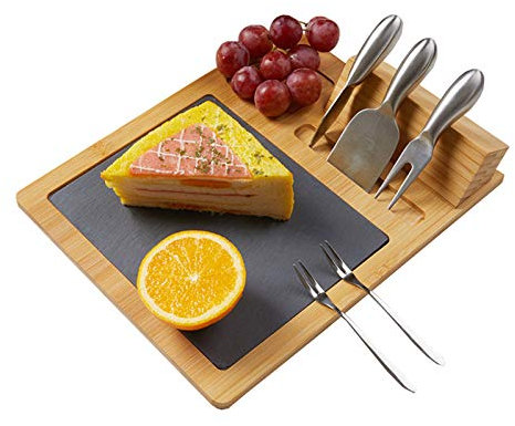 Plateau À Fromage En Bambou,Plateau Et Couteau À Fromage Set, Fromage D'ardoise Board Avec Set De Couteaux Et Fourchettes En Acier Inoxydable,Le Cadeau Parfait De Noël