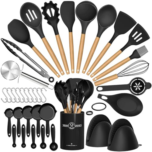 Umite Chef 36pcs Silicone Kitchen Cooking Utensils with Holder, Heat Resistant Cooking Utensils Sets Wooden Handle, Nonstick Kitchen Gadgets Tools Include Spatula Spoons Turner Pizza Cutter(Black)