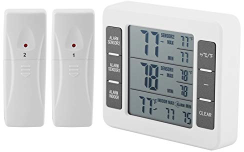 Kühlschrank-Thermometer Drahtlose Digitalanzeige Akustischer Alarm Kühlschrank-Thermometer mit 2Pcs Sensor Min/Max-Anzeige