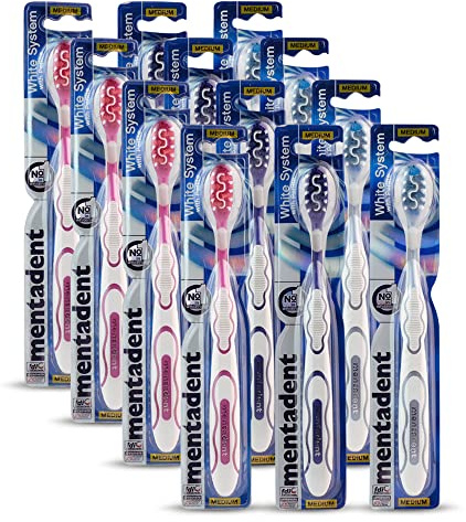 Mentadent spazzolino da denti Antibatterico White System With Perlite Medio, Kit da 12 spazzolini, con Cappuccio, Colori: Blu, Rosa, Grigio Piccolo