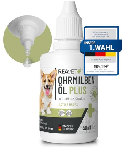 ReaVET Ohrmilbenöl Plus 50ml sofort wirksames Mittel für Hunde – gegen Ohrmilben mit Kamille für Hund, Sanfte Pflege bei Juckreiz im Ohr, Ohrentropfen Milben, Ohrenreiniger