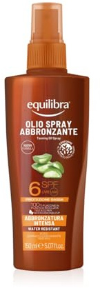equilibra Solari, Olio Spray Abbronzante Spf 6, a Base di Aloe Vera e Vitamina E, per Pelli Scure o Abbronzate, per Mantenere un'Abbronzatura Sana e Intesa, Water Resistant, 150 ml
