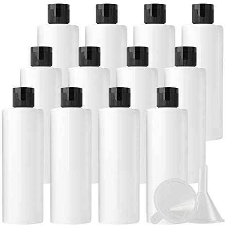 ZEOABSY 12 Pezzi 200 ml Bianco Bottiglie di plastica PET con Tappo Flip Top Nero, Spalla Piatta Contenitori per Cosmetico, Bottiglie da Viaggio per Lozioni, Liquido, Olio