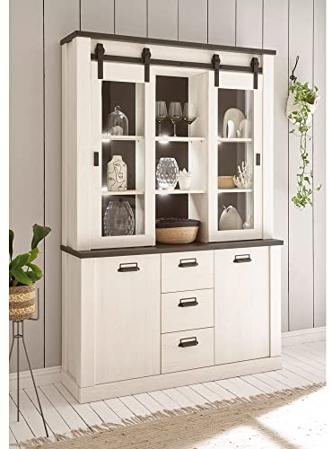 Lomadox Buffetschrank inkl. Beleuchtung in Pinie weiß Nb. mit anthrazit, B/H/T: ca. 133/201/38 cm
