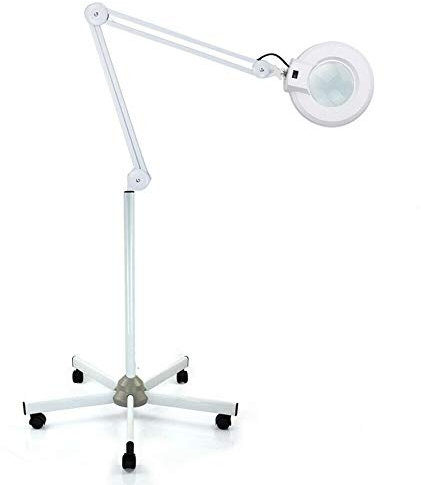 LENJKYYO 5X LED Lupenleuchte mit Standfuß LED Lupenleuchte auf Rollstativ Kosmetik125MM 5 Dioptrien Weiß Lampe Licht Arbeitsleuchte Kosmetiksalons 22W Kosmetik Beauty Salon Stativ