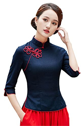YLfly Camicia Cinese con Collo Mandarino Tang Qipao, Top Tradizionale in Stile Blusa Donna Tinta Unita Semplice, Marina Militare, 42