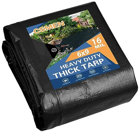 CSMEN Tarps Heavy Duty Waterproof 6x9ft,Black Tarps Plastic tarp Cover 16mil Poly Tarpaulin Outdoor tarps Cover for rain,Sun,firewood,roof, Pool,Boat,car