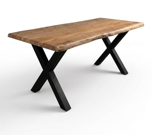 SAM Esstisch Cali 180x90 cm Akazie Natur Baumkante X-Gestell schwarz | Baumkantentisch massiv, Akazienholz naturfarben, 50 mm Tischplatte, Esszimmertisch, Industrial-Design