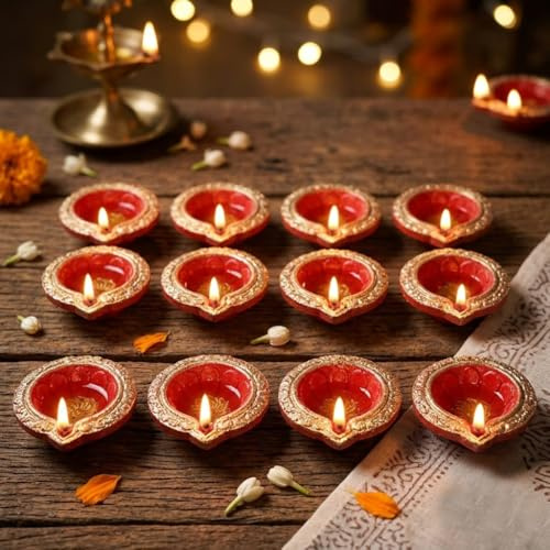 SATVIK 12-teiliges Set Ton Diya Terrakotta Dia Traditionelle Puja Vilakku Öllampe Natürliche Mitti Diya Teelicht Willkommen Diwali Deepawali Navratri Pooja Dekorationen Indische Einweihungsrückgabe