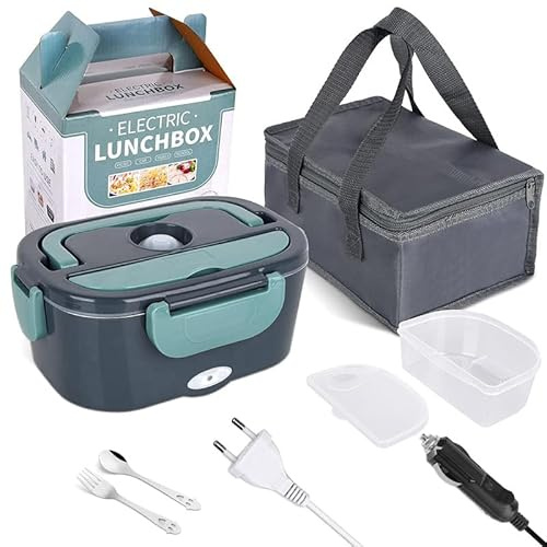 Fulluky Elektrische Lunch Box, 1.5 LFood Warmer, tragbarer Essenswärmer für Auto & Haus, auslaufsicher, Lunch Heating Microwave für Trucker mit abnehmbarem Edelstahlbehälter, 110V/12V (grün)