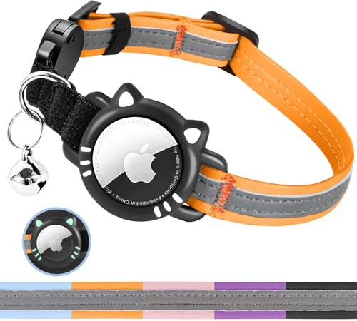 AgoumLux Airtag Katzenhalsband Reflektierend Katze Halsband mit Glocke Verstellbarer Sicherheitsschnalle, Leuchtend Breakaway Mädchen Junge Katzenhalsband, Orange, S(23-33 cm)